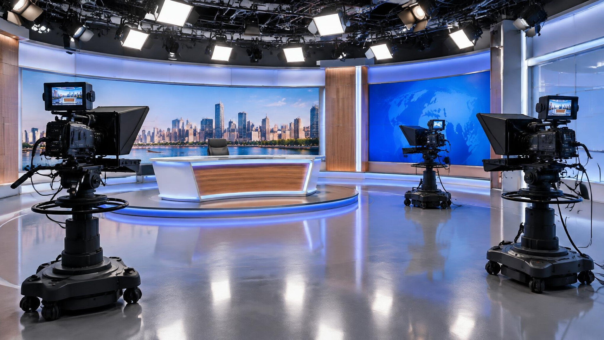 Empty television studio with cameras and lighting rigs